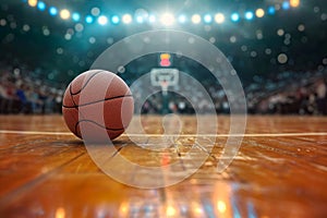 Arena anticipation Modern basketball arena with basketball ball in foreground