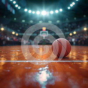 Arena anticipation Modern basketball arena with basketball ball in foreground