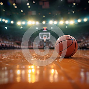 Arena anticipation Modern basketball arena with basketball ball in foreground