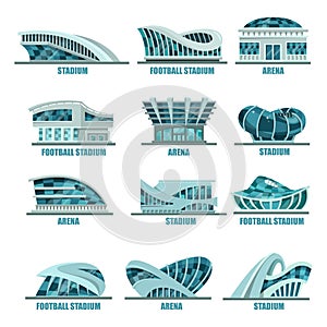 Arena building or soccer, football stadiums icons