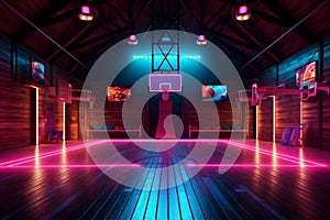 arena corridor perspective empty neon basketball background indoor hall virtual game interior. Generative AI.