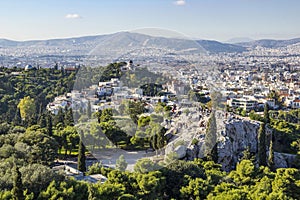 Areopagus hill and aerial view of Athens from Acropolis
