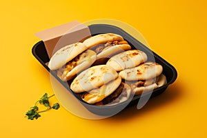 Arepas tasty fast food street food for take away on yellow background