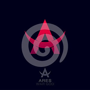 Ares logo. Greek war god of the emblems. Red letter A with bull horns. photo