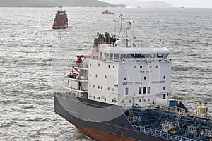 The chemical tanker vessel Blue Star is seen stranded off the coast of Ares