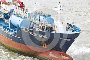 The chemical tanker vessel Blue Star is seen stranded off the coast of Ares