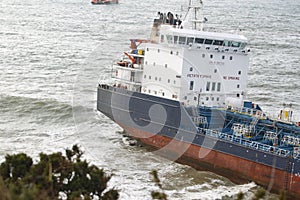 The chemical tanker vessel Blue Star is seen stranded off the coast of Ares