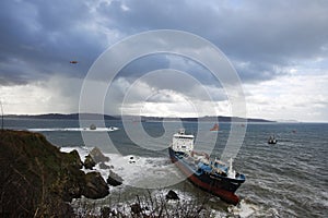 The chemical tanker vessel Blue Star is seen stranded off the coast of Ares