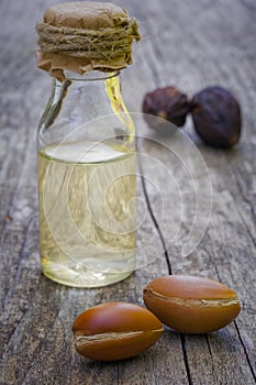 Argan fruit (Argania spinosa), nuts and oil, this seeds is used