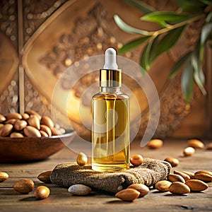 Argan oil in bottle with argan nut seeds on beautiful golden luxury scene background, used for cosmetic skin hair care and healthy