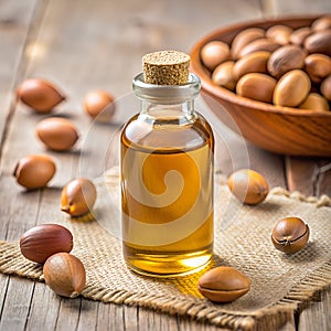 Argan oil in bottle with argan nut seeds on wooden table used for cosmetic skin hair care and healthy culinary purpose. Generative