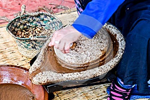 Argan oil extraction by traditional stone handmill mill