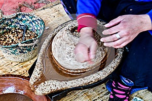 Argan oil extraction by traditional stone handmill mill