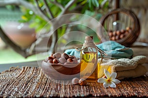 Argan oil and nuts on rustic table