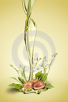 Argan oil splash with argan fruits