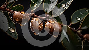 Argan seeds and oil background. Argana nuts and branches created with generative ai tools