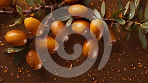 Argan seeds and oil background. Argana nuts and branches created with generative ai tools