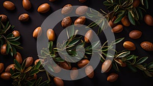 Argan seeds and oil background. Argana nuts and branches created with generative ai tools