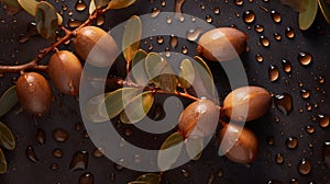 Argan seeds and oil background. Argana nuts and branches created with generative ai tools