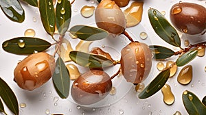 Argan seeds and oil background. Argana nuts and branches created with generative ai tools