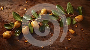 Argan seeds and oil background. Argana nuts and branches created with generative ai tools