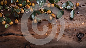 Argan seeds and oil background. Argana nuts and branches created with generative ai tools