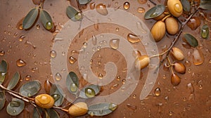 Argan seeds and oil background. Argana nuts and branches created with generative ai tools