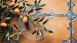 Argan seeds and oil background. Argana nuts and branches created with generative ai tools