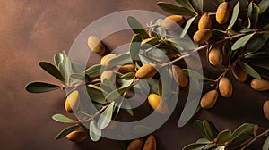 Argan seeds and oil background. Argana nuts and branches created with generative ai tools