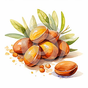 argana fruit cartoon style watercolor illustration on white background