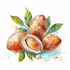 argana fruit cartoon style watercolor illustration on white background