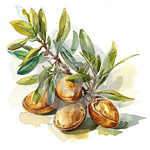 argana fruit cartoon style watercolor illustration on white background