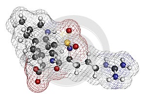 Argatroban anticoagulant drug molecule (direct thrombin inhibitor). 3D rendering. Atoms are represented as spheres with