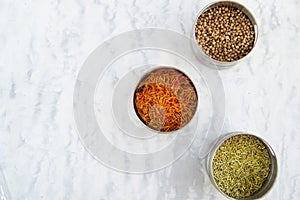 arge set of Indian spices and herbs. On a marble background, copy space