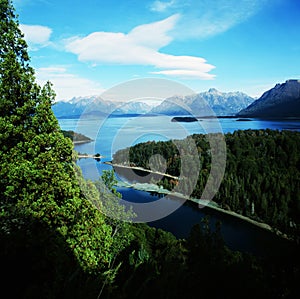 Argentina Bariloche landscape with forest and Lake Nahuel Huapi