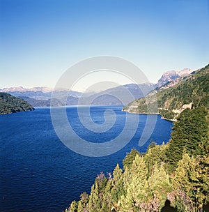 Argentina Bariloche landscape with forest and Lake Nahuel Huapi