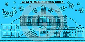 Argentina, Buenos Aeros winter holidays skyline. Merry Christmas, Happy New Year decorated banner with Santa Claus.Flat photo