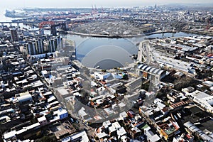 Argentina Buenos Aires aerial view of the city of La Boca caminito with a Nicolas Avellaneda bridge and river