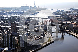 Argentina Buenos Aires aerial view of the city of La Boca caminito with a Nicolas Avellaneda bridge and river