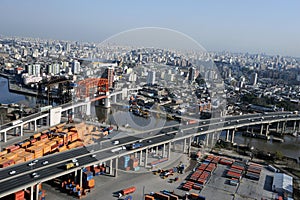 Argentina Buenos Aires aerial view of the city of La Boca caminito with a Nicolas Avellaneda bridge and river