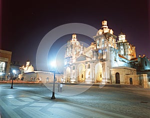 Argentina city of Cordoba with the Catholic cathedral at night illuminated