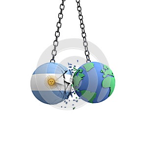 Argentina flag ball hits planet earth. Environmental impact concept. 3D Render