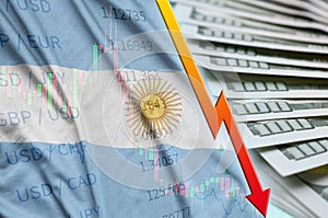 Argentina flag and chart falling US dollar position with a fan of dollar bills