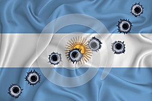 Argentina flag Close-up shot on waving background texture with bullet holes. The concept of design solutions. 3d rendering