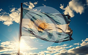 Argentina flag flying on the blue sky