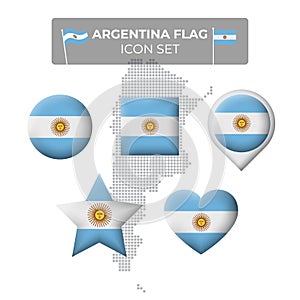 Argentina flag icons set in the shape of square, heart, circle, stars and pointer, map marker. Mosaic map of argentina. Argentine