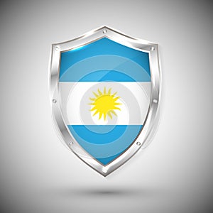 Argentina flag on metal shiny shield vector illustration. Collection of flags on shield against white background. Abstract isolate