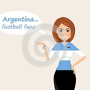 Argentina football fans.Cheerful soccer fans, sports images.Young woman,Pretty girl sign.Happy fans are cheering for their