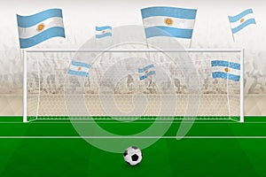 Argentina football team fans with flags of Argentina cheering on stadium, penalty kick concept in a soccer match