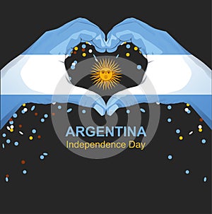 Argentina independence day greeting card. Hands palm argentina flag hold sun